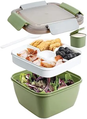 Produktbild von PromoHome® Lunchbox mit 3 Fächern und Dressingbehälter - 1500 ml luftdichter Lebensmittelaufbewahrungsbehälter, BPA-frei, Grün