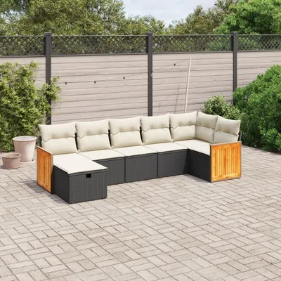 Produktbild von Design 7-tlg. Garten-Sofagarnitur mit Kissen Schwarz Poly Rattan, Gartenmöbel-Sets 2024 Neu
