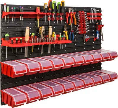 Zdjęcie produktu dla System magazynowy Regał warsztatowy | 117 x 78 cm | 20 szt. Pudełko | Regał ścienny z pojemnikami do układania w stosy - Płyty ścienne Bardzo wytrzymały regał na pojemniki Ściana narzędziowa Regał magazynowy Regał garażowy