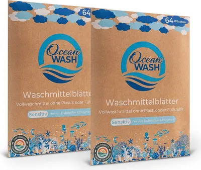 Produktbild von OceanWash 2er-Set Waschmittelblätter Sensitiv für 128 Waschladungen, 64 Waschstreifen mit Trennlinie, vordosiert & biologisch abbaubar
