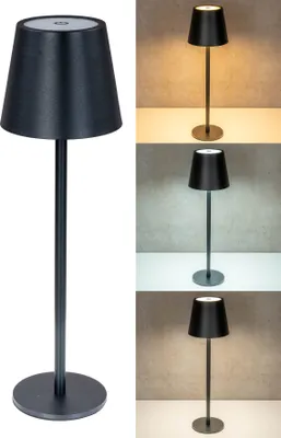 A black LED table lamp is shown in a studio setting with different lighting conditions.