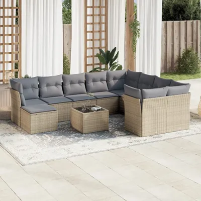 Produktbild von Design 11-tlg. Garten-Sofagarnitur mit Kissen Beige Poly Rattan, Gartenmöbel-Sets 2024 Neu