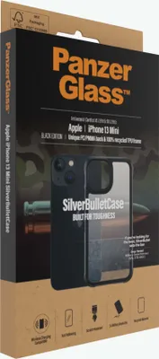 The image shows the retail packaging of a PanzerGlass phone case for an Apple iPhone 13 Mini.