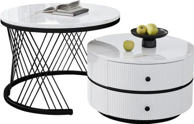 Produktbild von Couchtisch Wohnzimmertisch 2-teiliges Runden Kaffeetisch Nesting Beistelltisch mit hochglaenzender Marmoroptik Multifunktionale Wohnzimmermoebel