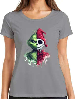 Produktbild von Grinch Jack Skellington Halbgesicht Weihnachten Grusel Halloween Damen T-Shirt, Grau, XL