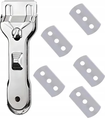 A glass scraper tool and several replacement blades are displayed on a white background.