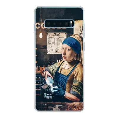 Produktbild von MuchoWow® Handyhülle Schutzhülle Hülle für Samsung Galaxy S10 Plus Mädchen mit Perlenohrring - Cappuccino - Barista - Vermeer - Kaffee - Gemälde Silikon Softcase Handy Hülle - Schutzhülle