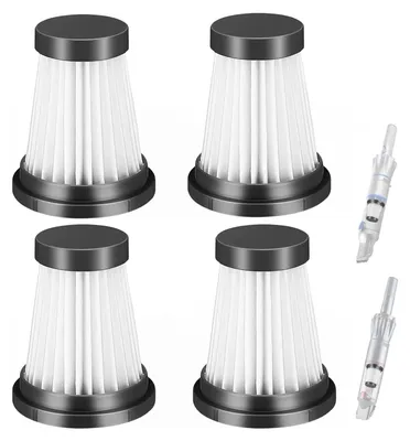 Four vacuum cleaner filters and two vacuum cleaner attachments are displayed against a white background.
