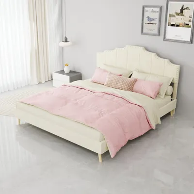 Obrázek produktu pro Postel s čalouněnou částečně čalouněnou čelo, rozměry 160x200 cm, barva béžová, s funkcí nabíjení přes USB a Type-C, se 4 zásuvkami a roštovou základnou
