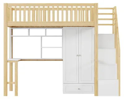 Immagine prodotto di Letto a soppalco - Letto per bambini 90 x 200 cm - Realizzato in legno massello - Armadio a muro - Scrivania - Scala con spazio contenitore - Colori: naturale e bianco