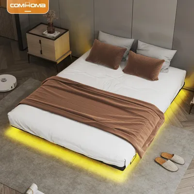 Obrázek produktu pro Kovový rám postele – BF005 – LED osvětlení – zásuvky – aplikace a dálkové ovládání – 140 × 200 cm – světle šedá