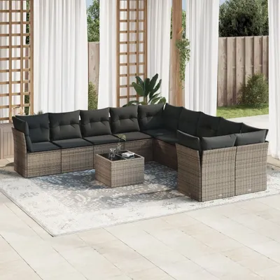 Produktbild von Design 11-tlg. Garten-Sofagarnitur mit Kissen Grau Poly Rattan, Gartenmöbel-Sets 2024 Neu