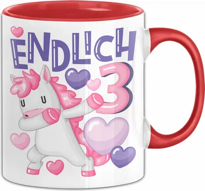 Produktbild von 3. Geburtstag Geschenk Tasse Becher Mädchen Einhorn Geburtstagsgeschenk Tochter Endlich 3 (Rot)