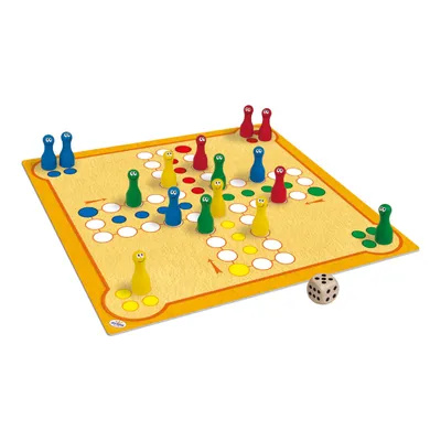 A board game with colorful pawns and a die on a yellow game board.