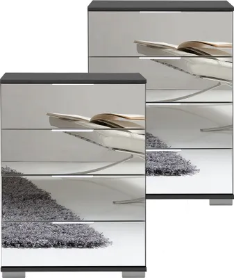 Produktbild von Schlafzimmer Nachttisch 2er Set, auch für Boxspringbett geeignet, in graphit mit Spiegelfront ELSTRA-43, B/H/T ca. 52/74/38 cm