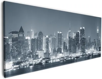 Produktbild von Wallario Premium Leinwandbild New York Skyline - Schwarz Weiß Blau in Größe 60 x 150 cm