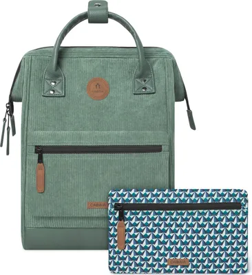 A green corduroy backpack and a matching pouch are displayed against a white background.