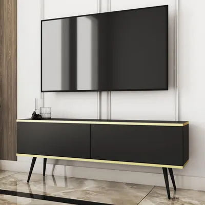 Productafbeelding van TV-meubel FORNO, zwart en goud, Glamour Art Deco stijl, 135 cm breed, met zwarte poten