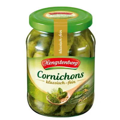 Zdjęcie produktu dla Hengstenberg Cornichons klasyczne drobne korniszony w słoiku 330g