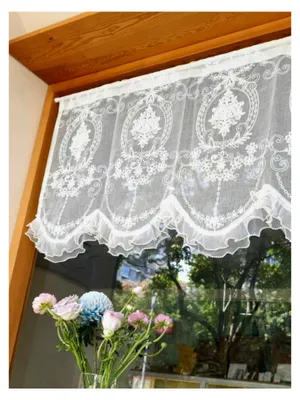 Produktbild von Scheibengardine Barock Bistrogardine Französisch Küchengardinen mit Blumenstickerei Weiß Transparente Deko Vorhänge Kurz HxB 65x83cm 1 Stück