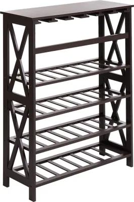 Produktbild von BELIANI Stojak na wino płyta MDF drewniane nóżki ciemnobrązowy 73 x 29 x 90 cm uchwyty na butelki i kieliszki z półką stabilna konstrukcja styl klasyczny elegancki akcesoria domowe
