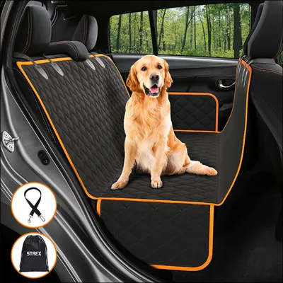Produktbild von Strex Hundedecke Auto 137x147 cm, 4-lagig, Anti-Rutsch, Schwarz-Orange, für Rückbank & Kofferraum, inkl. Gurtschlitze & Aufbewahrungstasche