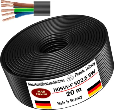 Zdjęcie produktu dla 20-metrowy przewód plastikowy H05VV-F 5G2,5, czarny, elastyczny, kabel zasilający do urządzeń