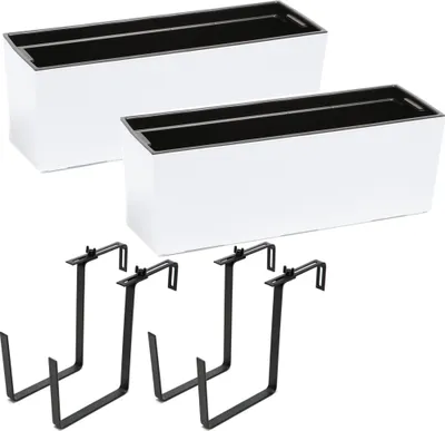 Produktbild von Balkonkasten Pflanzkasten Blumenkasten Wasserspeicher Glatt Weiss Kunststoff Geländerkasten flexible Metallhalterung pulverbeschichtet 56 x 18,5 x 19,5 cm