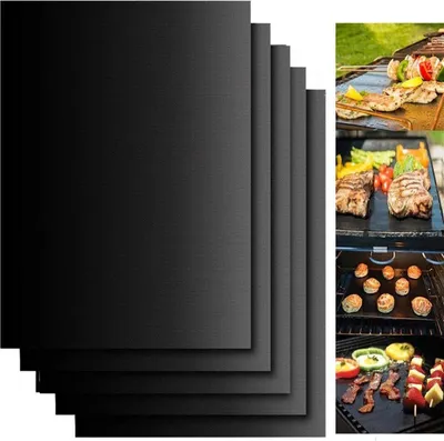 A collage of images showing black grill mats and food being cooked on a grill and in an oven.