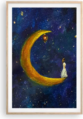 Produktbild von Gerahmtes Poster - Rahmen in heller Eiche - Mädchen auf der Mond - 61x91,5 cm - Wand Bild - Wanddeko - Wandbilder - Kunstposter - Wandposter - Bilderrahmen - Bilder - Kunstdruck - P2NPA61x91-4575