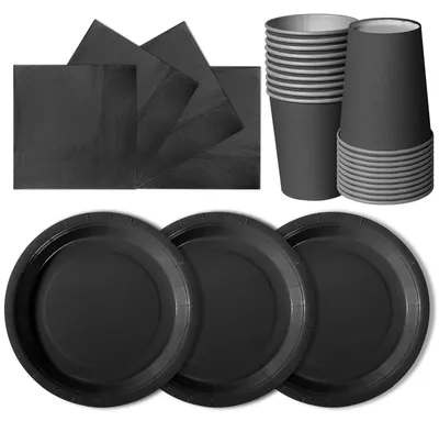 Partyserviesset, 72-teilig, Papier, schwarz, für 24 Personen