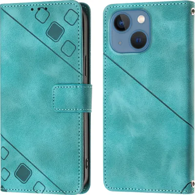 A teal flip leather wallet case for an iPhone 15 Plus is shown from the front and back.