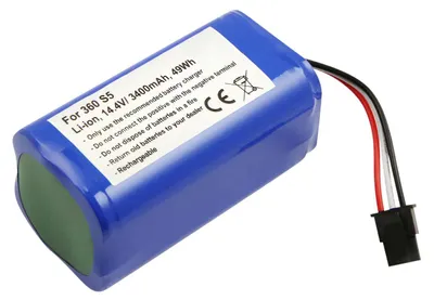 A blue cylindrical battery pack with a label and wires.