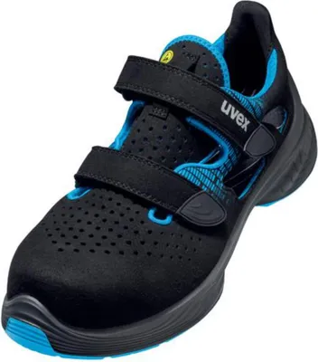 A single black and blue uvex safety sandal is shown against a white background.