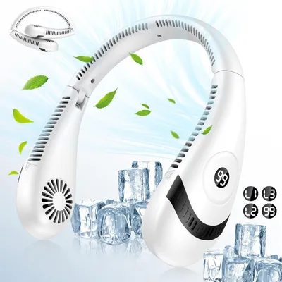 A white neck fan with ice cubes in the foreground, with green leaves and blue air currents in the background.
