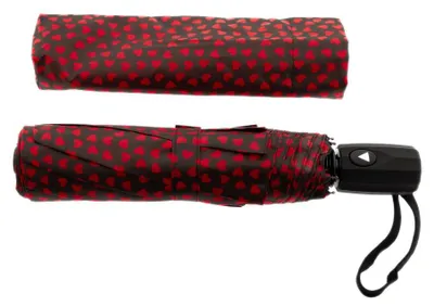Image de Parapluie de poche télescopique avec motif cœur, ø 100 cm - Parapluie avec housse de protection noir et rouge