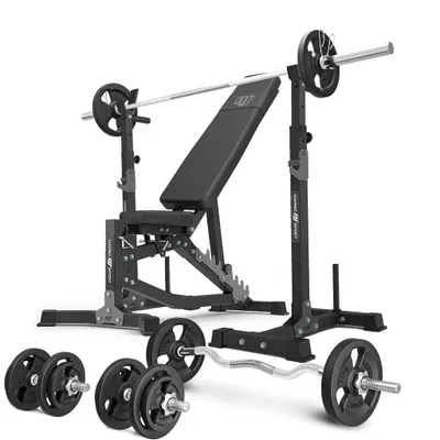 Image de Marbo Sport - Ensemble MS30_2.0_83KG | Banc de musculation réglable de deux côtés + support d'haltères (2 pièces) avec sécurité + ensemble de barres et de disques d'haltères 83 kg