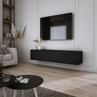 Image de Armoire TV 140 cm montage mural noir AURA - Minimaliste et moderne