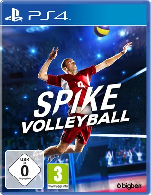 A video game cover for Spike Volleyball on PS4, featuring a player in mid-air during a game.
