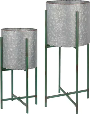 Produktbild von Esschert Design Pflanzenständer aus Metall, rund, 2er Set, Ø 23,5 x 47,5 cm / Ø 27,5 x 62 cm, grün, große Blumentöpfe, Hochbeet, Pflanzentopf