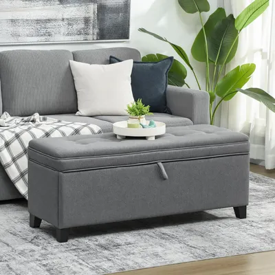Produktbild von Sweiko Sitzbank mit Stauraum, Polsterbank 120x40x48 cm mit Sicherheits-Scharniern, Leinenoptik, Dunkelgrau