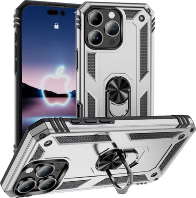 Produktbild von Schutzhülle für iPhone 16 Pro Dual Layer Robust Militäre Fallschutz Hülle mit Ringhalterung Ständer Silber