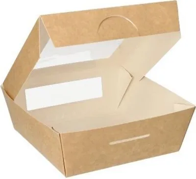 Produktbild von Feinkostboxen, Pappe mit Sichtfenster aus PLA eckig 750 ml 14 cm x 14 cm x 5 cm braun