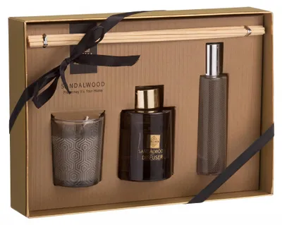 Produktbild von Duftset SANDALWOOD: Diffuser mit Stäbchen 60 ml, Kerze und Spray