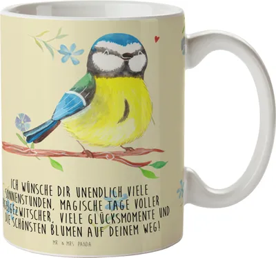 Produktbild von Mr. & Mrs. Panda Tasse Vogel Blaumeise - Blumig - Geschenk, Kaffeebecher, Becher, Osterhase, Ostergeschenke Kinder, Liebe Grüße, Ostern, Teetasse, Ostergrüße, Frühling