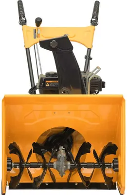 Front view of a yellow and black snowblower.