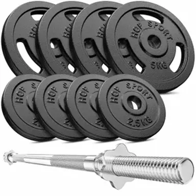 Produktbild von Hop-Sport 39kg Gusseisen Hantel-Set Langhantel Set  Langhantelstange 30mm, 1x Langhantel 167cm, Gewichte: 4x5kg, 4x2,5kg