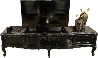 Produktbild von Casa Padrino Luxus Barock TV Schrank Schwarz / Antik Gold 222 x 50 x H. 62 cm - Edler Fernsehschrank mit 4 Türen und Glasplatte - Hochwertige Wohnzimmer Möbel im Barockstil