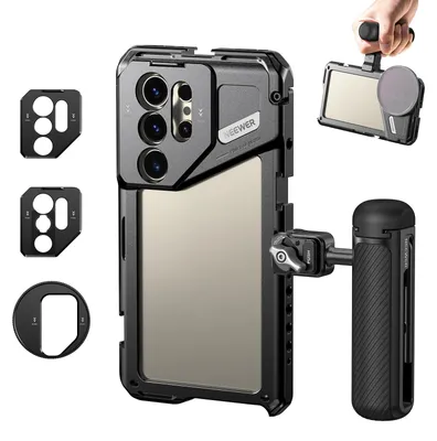 Zdjęcie produktu dla Klatka stabilizująca do telefonu NEEWER S24 Ultra, z bocznym uchwytem, adapterem filtra 67mm, tylną płytką do obiektywów 17mm, adapterem montażowym T i kompatybilna z obiektywami Samsung Moment T Series (PA042+PA045S)