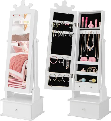 Produktbild von DREAMADE 2-in-1 Kinder-Spiegelschrank, Kinder Schmuckschrank mit Ganzkörperspiegel & Aufbewahrungsschubladen, Freistehender Schmuckorganizer, Weiß